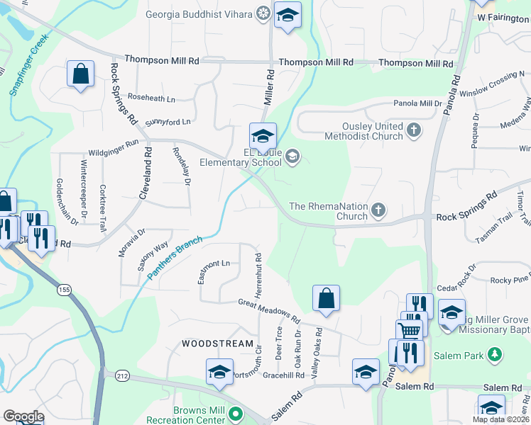 map of restaurants, bars, coffee shops, grocery stores, and more near Forrest Run in Stonecrest