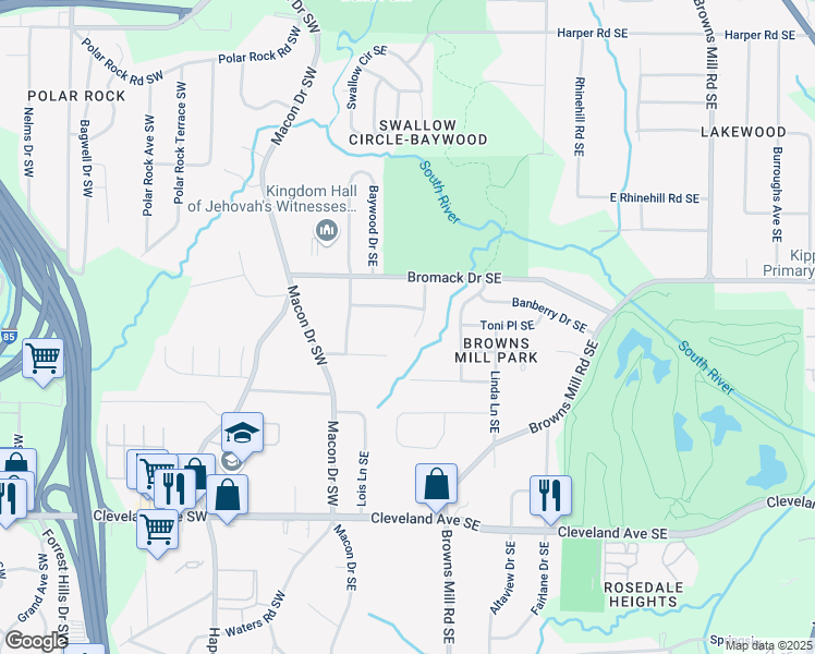 map of restaurants, bars, coffee shops, grocery stores, and more near 2461 Antwerp Drive Southeast in Atlanta