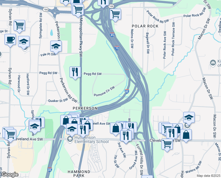 map of restaurants, bars, coffee shops, grocery stores, and more near Pomona Circle Southwest in Atlanta