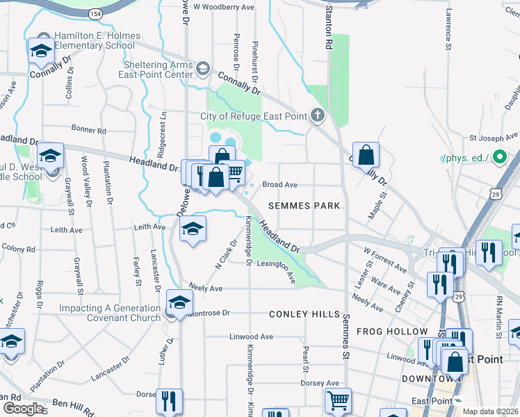 map of restaurants, bars, coffee shops, grocery stores, and more near 1971 Headland Drive in East Point