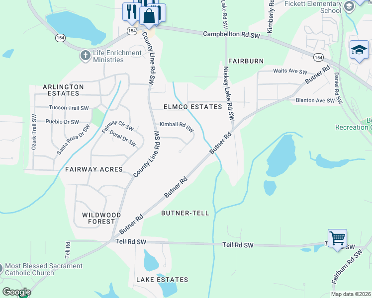 map of restaurants, bars, coffee shops, grocery stores, and more near 4281 Kimball Road Southwest in Atlanta