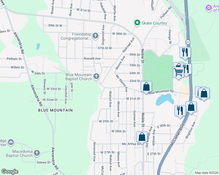 map of restaurants, bars, coffee shops, grocery stores, and more near 320 West Blue Mountain Road in Anniston