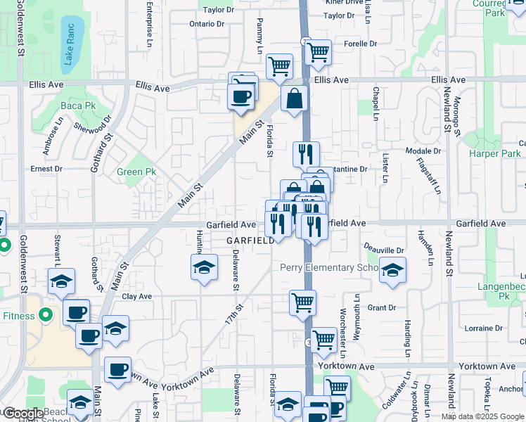 map of restaurants, bars, coffee shops, grocery stores, and more near 18961 Florida Street in Huntington Beach