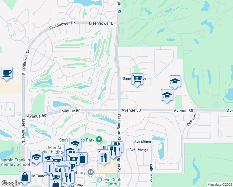 map of restaurants, bars, coffee shops, grocery stores, and more near 78496 Calle Seama in La Quinta