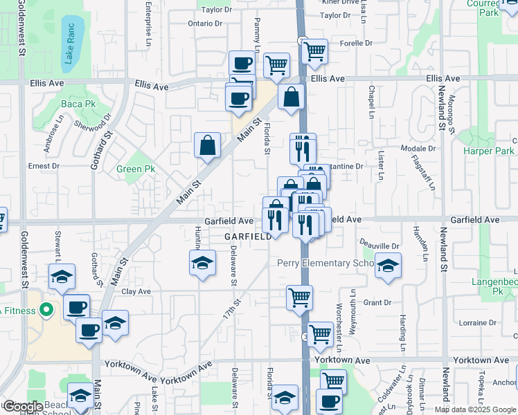 map of restaurants, bars, coffee shops, grocery stores, and more near 7851 Garfield Avenue in Huntington Beach
