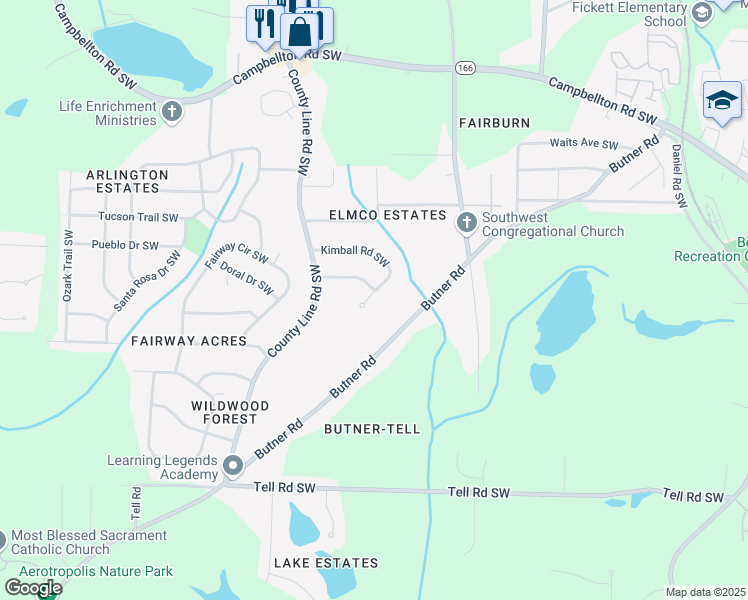 map of restaurants, bars, coffee shops, grocery stores, and more near 4281 Kimball Road Southwest in Atlanta