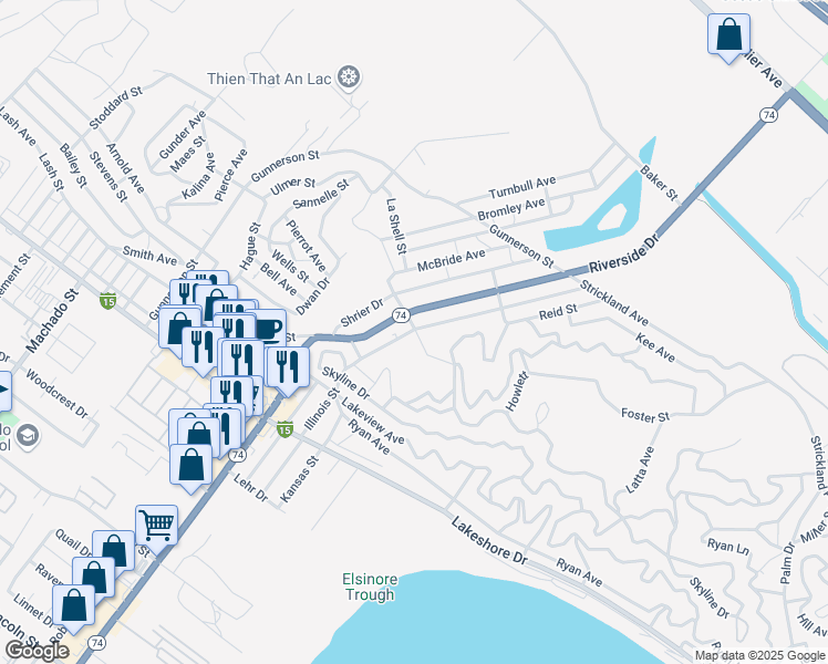 map of restaurants, bars, coffee shops, grocery stores, and more near Illinois Street in Lake Elsinore