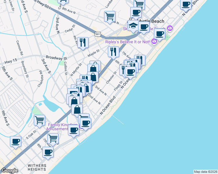 map of restaurants, bars, coffee shops, grocery stores, and more near 309 4th Avenue North in Myrtle Beach