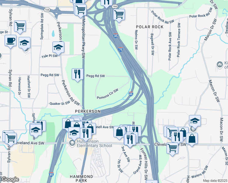 map of restaurants, bars, coffee shops, grocery stores, and more near Pomona Circle Southwest in Atlanta