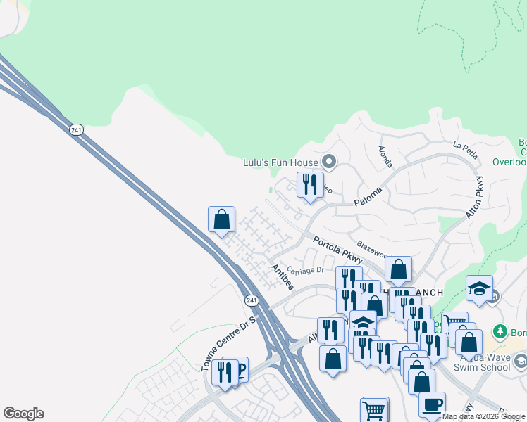 map of restaurants, bars, coffee shops, grocery stores, and more near 40 Santa Barbara Court in Lake Forest