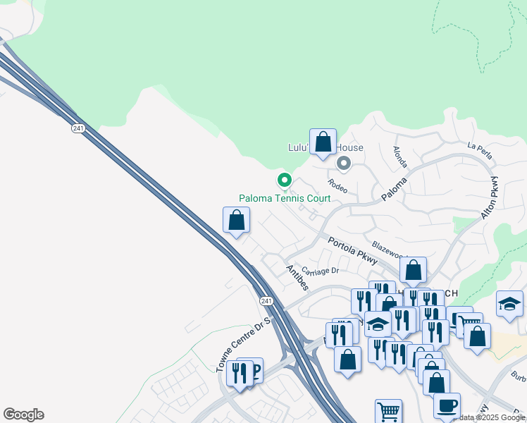map of restaurants, bars, coffee shops, grocery stores, and more near 5 Santa Barbara Court in Lake Forest