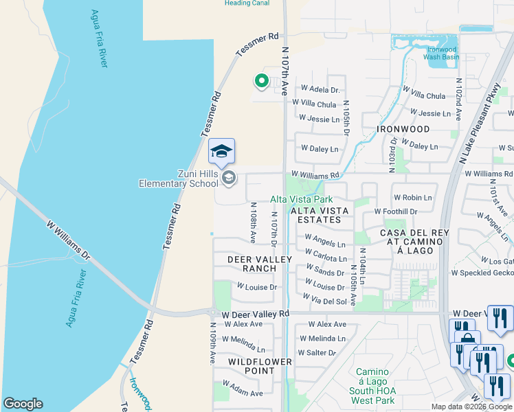 map of restaurants, bars, coffee shops, grocery stores, and more near 22361 North 108th Avenue in Sun City