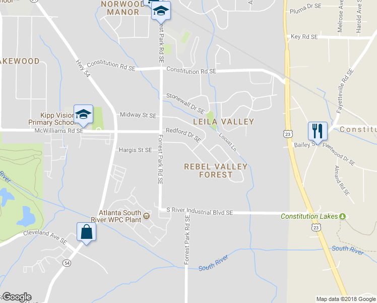 map of restaurants, bars, coffee shops, grocery stores, and more near 1017 Rebel Forest Drive Southeast in Atlanta