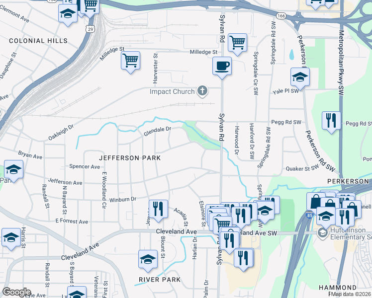 map of restaurants, bars, coffee shops, grocery stores, and more near 1000 Brookdale Drive in East Point
