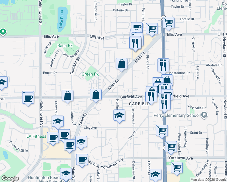 map of restaurants, bars, coffee shops, grocery stores, and more near 7556 Ocean Point Drive in Huntington Beach