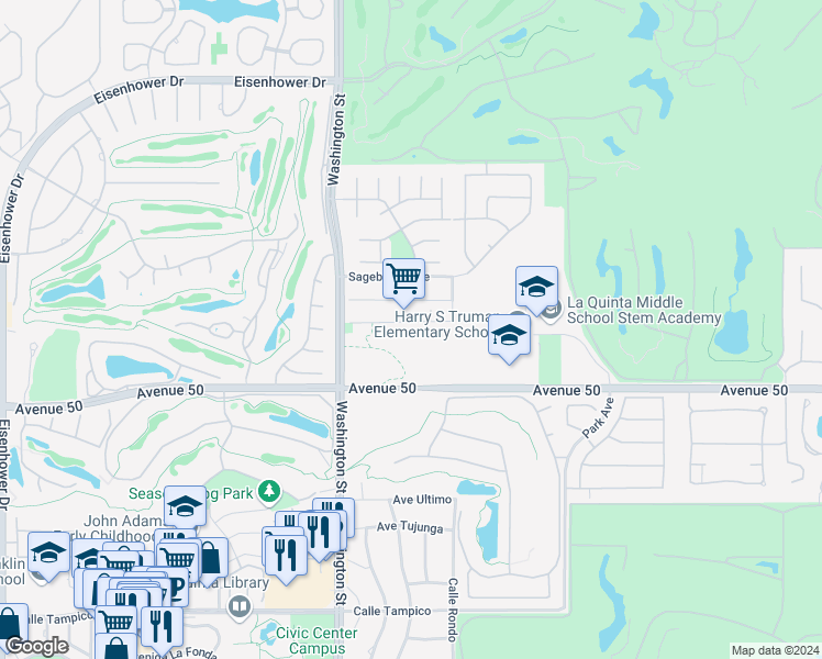 map of restaurants, bars, coffee shops, grocery stores, and more near 78665 Saguaro Road in La Quinta