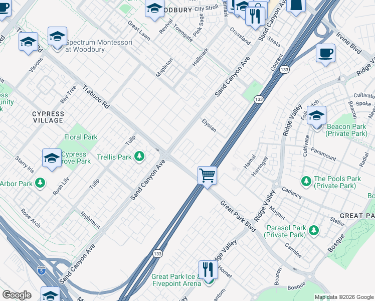 map of restaurants, bars, coffee shops, grocery stores, and more near 37 Peony in Irvine