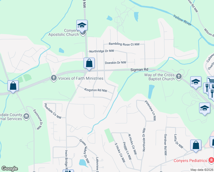 map of restaurants, bars, coffee shops, grocery stores, and more near 970 Kingston Road Northwest in Conyers