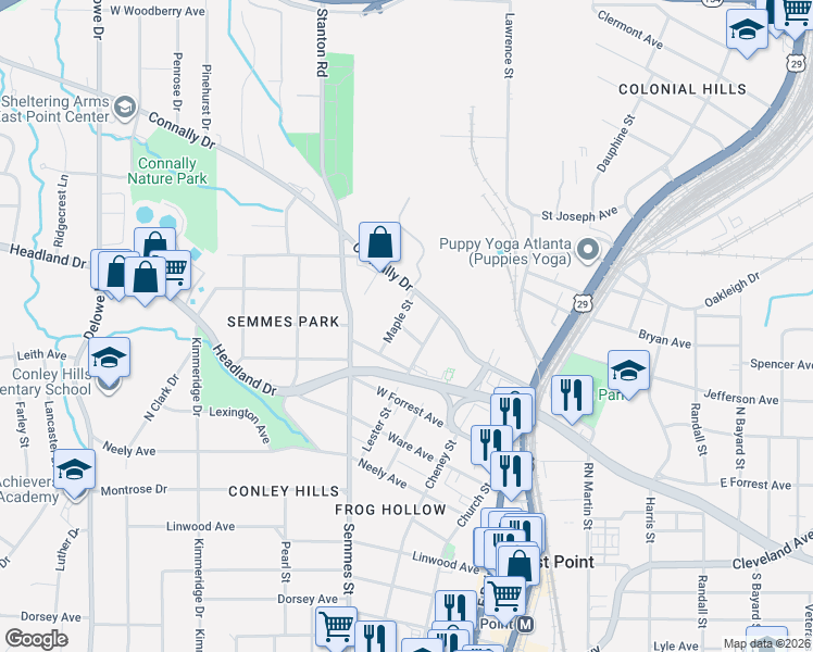 map of restaurants, bars, coffee shops, grocery stores, and more near 2492 Maple Street in Atlanta