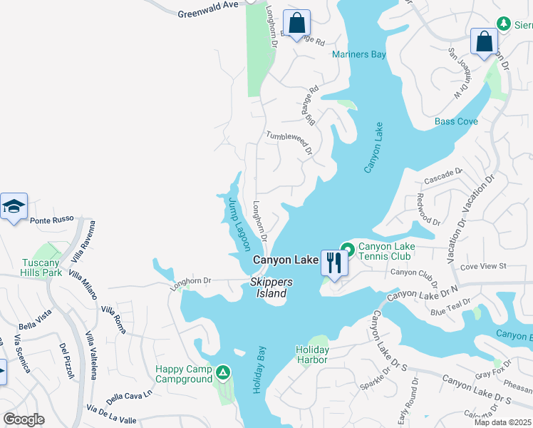 map of restaurants, bars, coffee shops, grocery stores, and more near 29818 Longhorn Drive in Canyon Lake