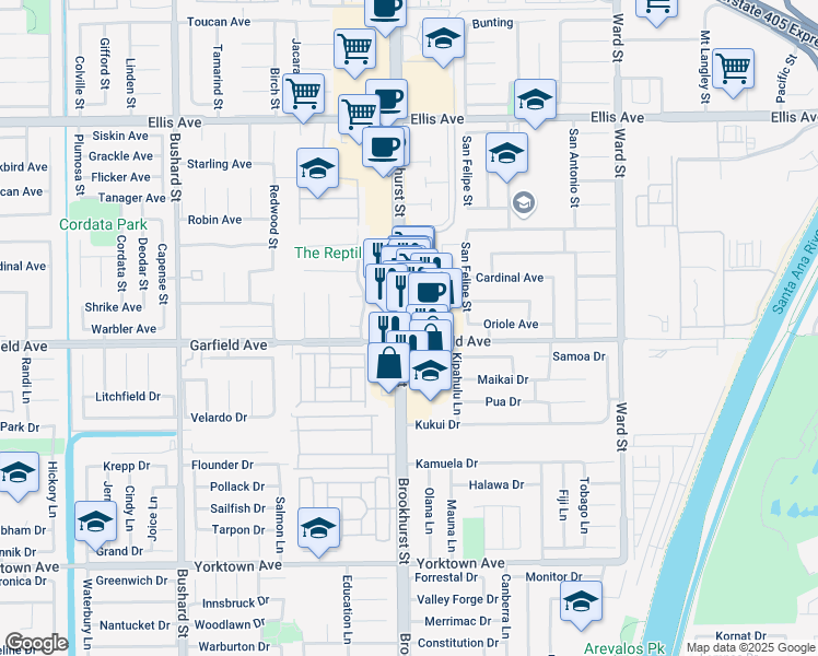 map of restaurants, bars, coffee shops, grocery stores, and more near 18974 Brookhurst Street in Fountain Valley