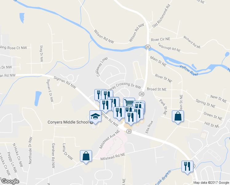 map of restaurants, bars, coffee shops, grocery stores, and more near 113 Odyssey Turn Northwest in Conyers