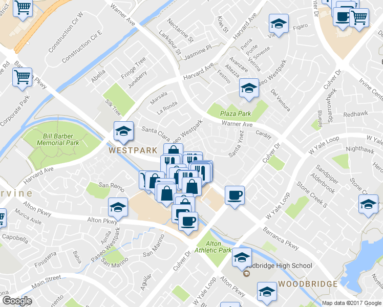 map of restaurants, bars, coffee shops, grocery stores, and more near 1305 Solvay Aisle in Irvine