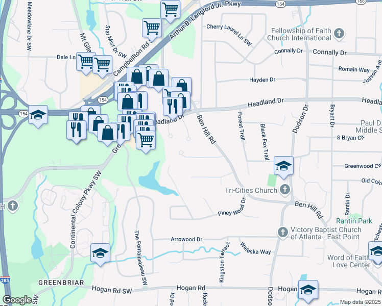 map of restaurants, bars, coffee shops, grocery stores, and more near 2925 Heather Drive in East Point