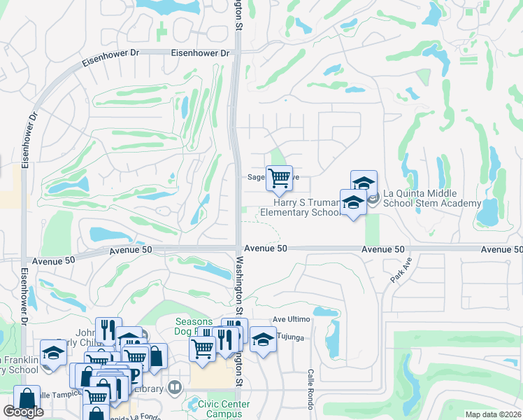 map of restaurants, bars, coffee shops, grocery stores, and more near 78585 Saguaro Road in La Quinta