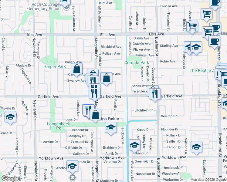 map of restaurants, bars, coffee shops, grocery stores, and more near 18963 Acacia Street in Fountain Valley