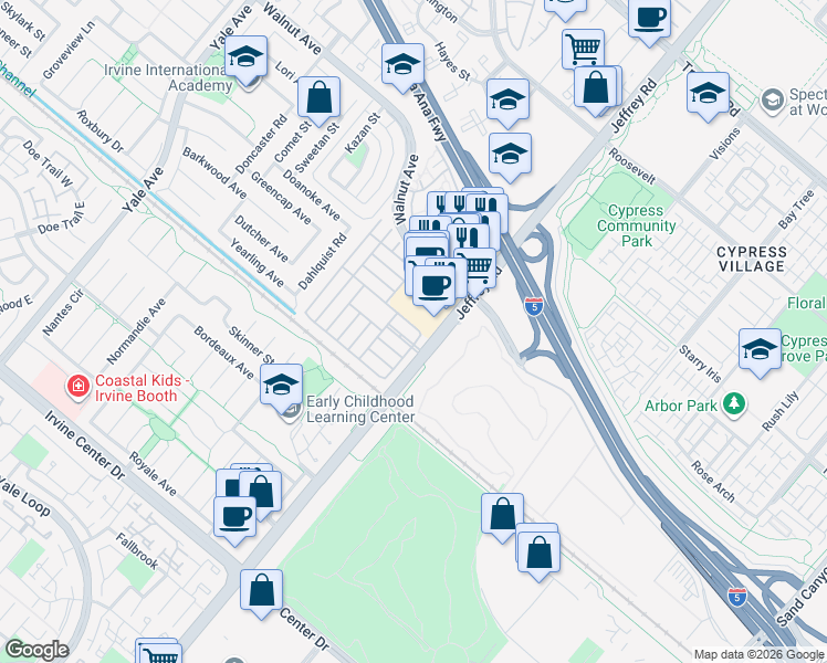 map of restaurants, bars, coffee shops, grocery stores, and more near in Irvine