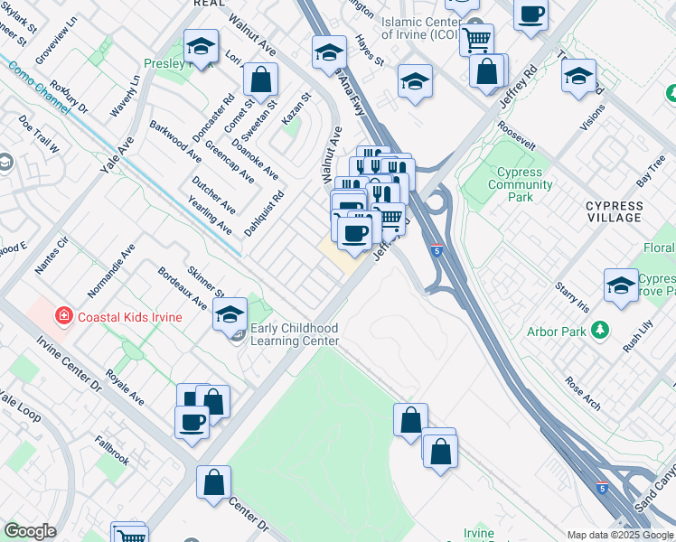 map of restaurants, bars, coffee shops, grocery stores, and more near 14851 Jeffrey Road in Irvine
