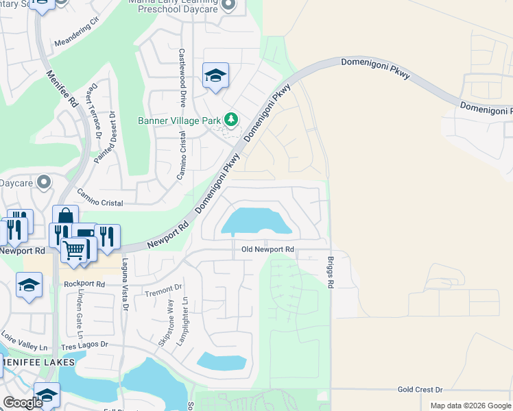 map of restaurants, bars, coffee shops, grocery stores, and more near 29737 Northshore Street in Menifee