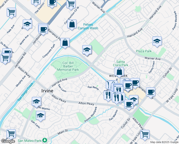 map of restaurants, bars, coffee shops, grocery stores, and more near 19 Imperial Aisle in Irvine
