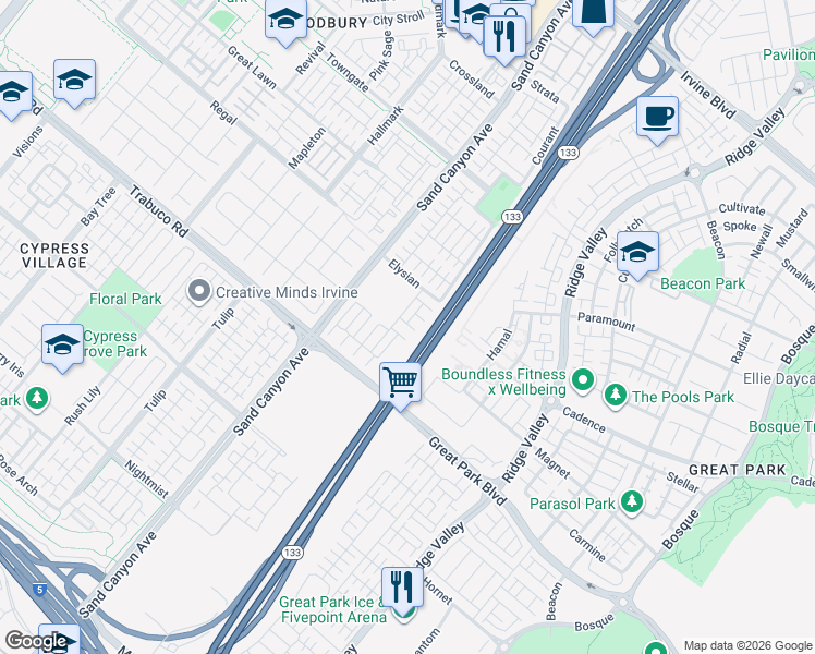 map of restaurants, bars, coffee shops, grocery stores, and more near 142 Hedge Bloom in Irvine