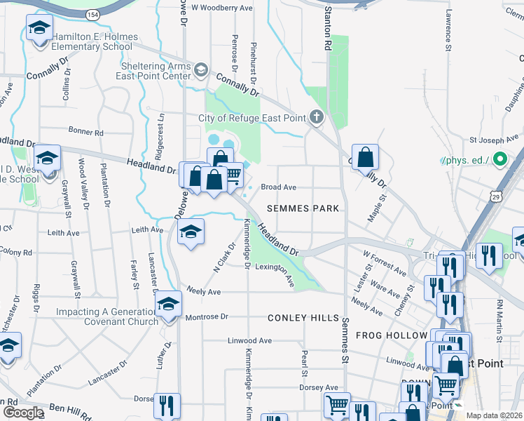 map of restaurants, bars, coffee shops, grocery stores, and more near 1971 Headland Dr in East Point