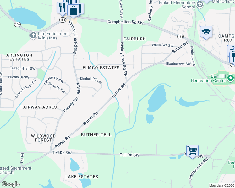 map of restaurants, bars, coffee shops, grocery stores, and more near 2484 Butner Road in Atlanta