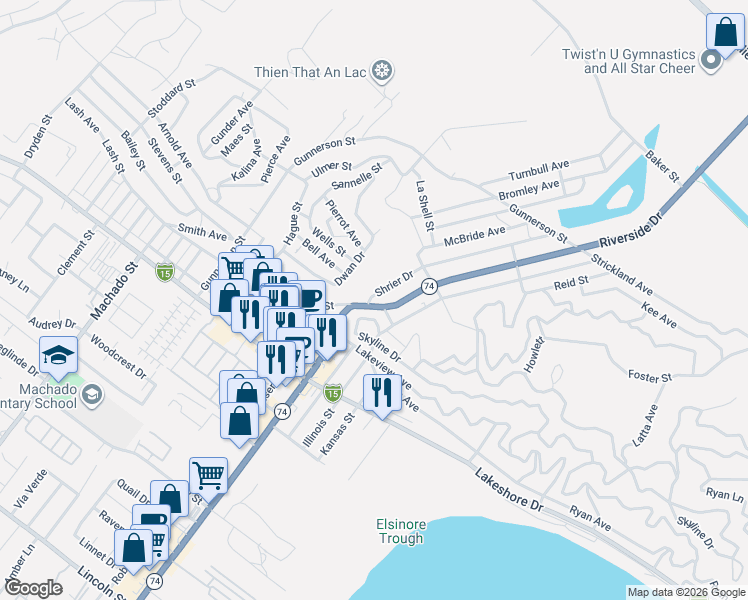 map of restaurants, bars, coffee shops, grocery stores, and more near Riverside Drive in Lake Elsinore