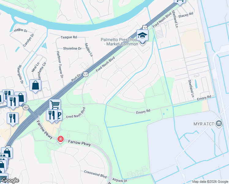 map of restaurants, bars, coffee shops, grocery stores, and more near 2606 Orion Loop in Myrtle Beach