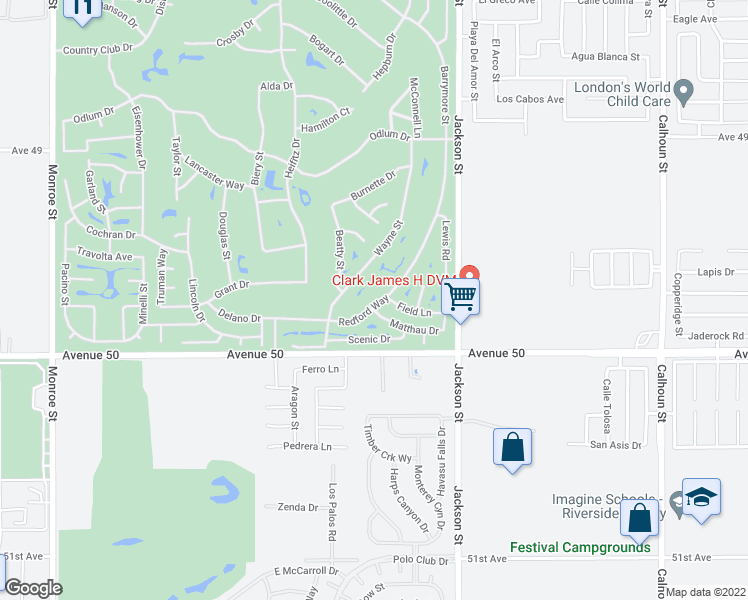 map of restaurants, bars, coffee shops, grocery stores, and more near 82734 Redford Way in Indio