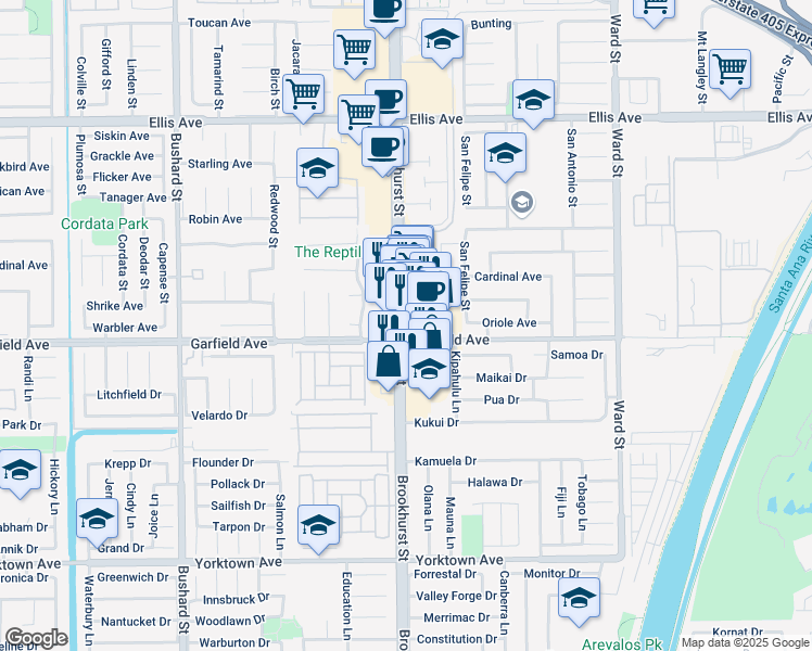 map of restaurants, bars, coffee shops, grocery stores, and more near 18974 Brookhurst Street in Fountain Valley