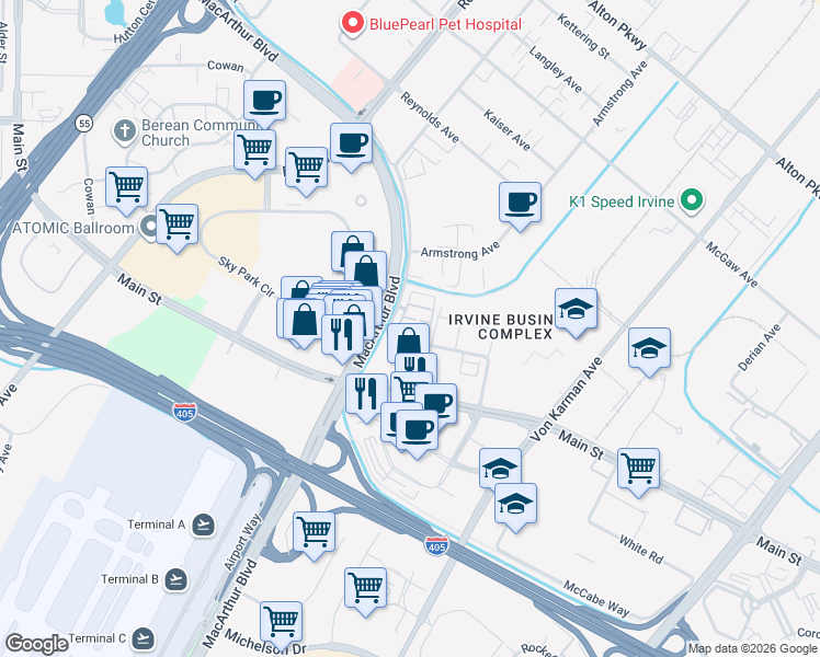 map of restaurants, bars, coffee shops, grocery stores, and more near 173 Placemark in Irvine