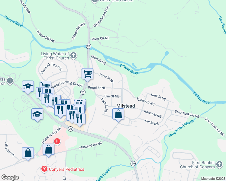 map of restaurants, bars, coffee shops, grocery stores, and more near 1588 Elm Street Northeast in Conyers