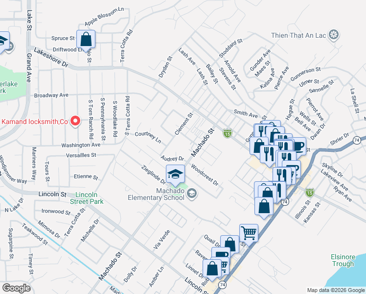 map of restaurants, bars, coffee shops, grocery stores, and more near 31297 Machado Street in Lake Elsinore
