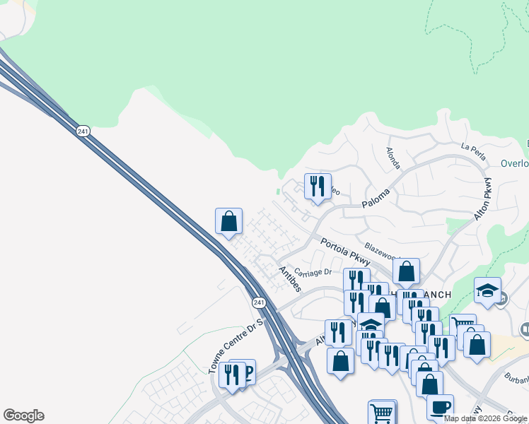 map of restaurants, bars, coffee shops, grocery stores, and more near 20 Santa Barbara Court in Lake Forest