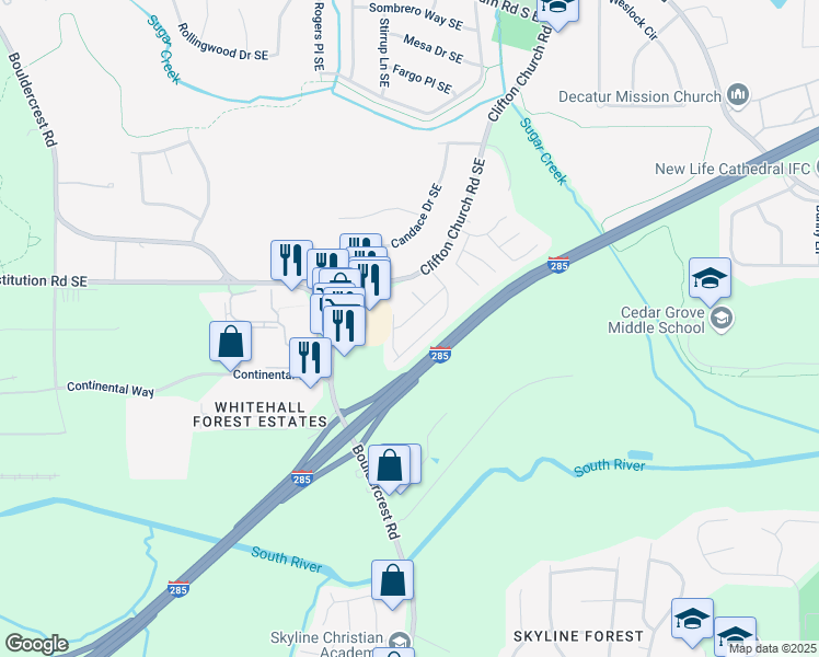 map of restaurants, bars, coffee shops, grocery stores, and more near 2127 Forest Ridge Road Southeast in Atlanta