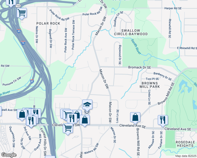 map of restaurants, bars, coffee shops, grocery stores, and more near 25 Bromack Drive Southeast in Atlanta