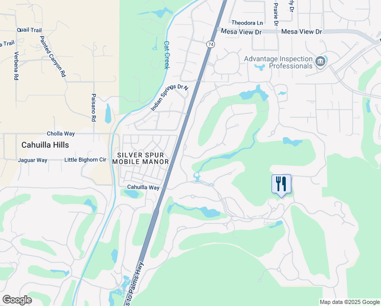 map of restaurants, bars, coffee shops, grocery stores, and more near 960 Andreas Canyon Drive in Palm Desert