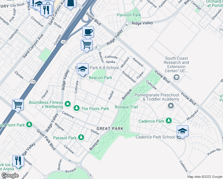 map of restaurants, bars, coffee shops, grocery stores, and more near 213 Radial in Irvine
