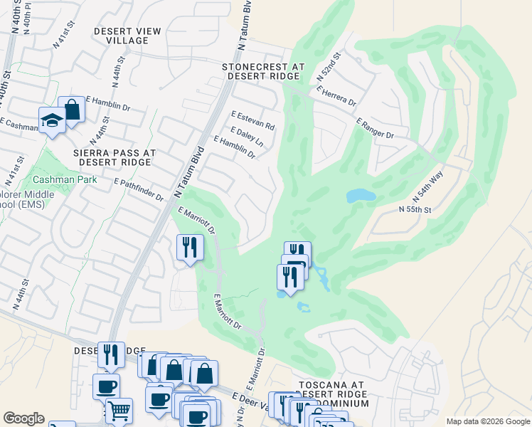 map of restaurants, bars, coffee shops, grocery stores, and more near 5098 East Robin Lane in Phoenix